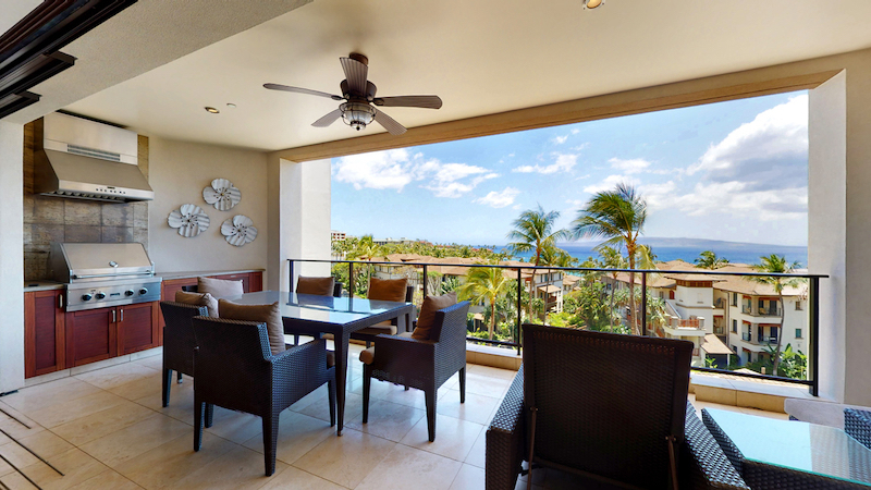 Example of a spacious covered lanai with ocean views from a unit located in the Penthouse building at Wailea Beach Villas