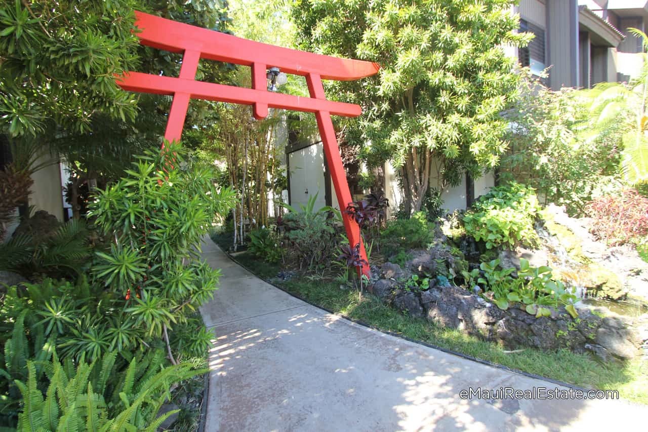 The iconic red Tori gate at Kihei Resort serves as special welcome at the main entrance to the grounds.